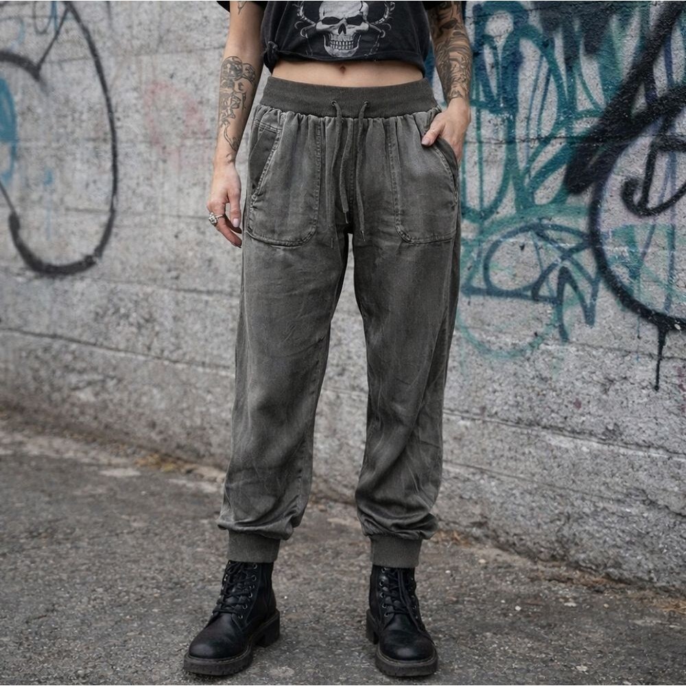 MARRAKECH Anthropologie Gunmetal Metallic Gray Joggers Small Satin Feel Grunge
